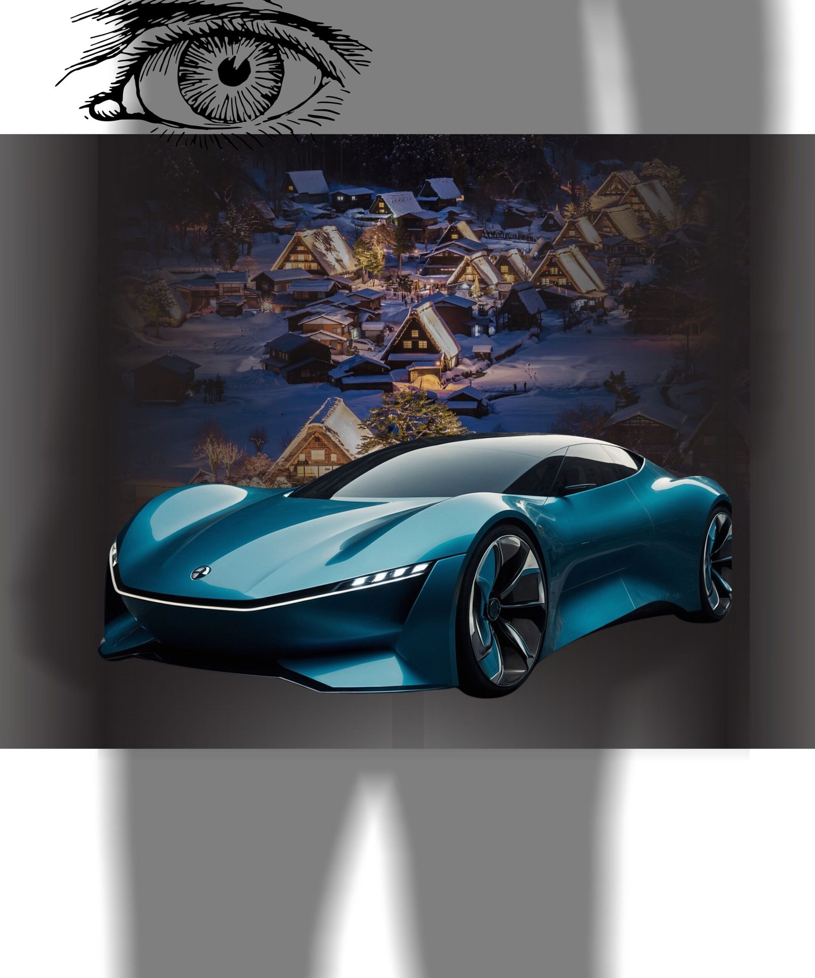 Fütüristik Kış Manzarası – Modern Spor Araba & Karlı Köy Sanatı / Futuristic Car Winter Village Digital Art Print